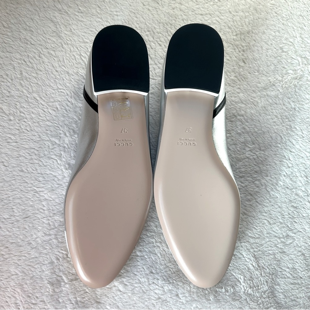NIB Authentic Gucci Malaga Kid 2-tone Leather Pump Flats Silver White 37 - Picture 8 of 9